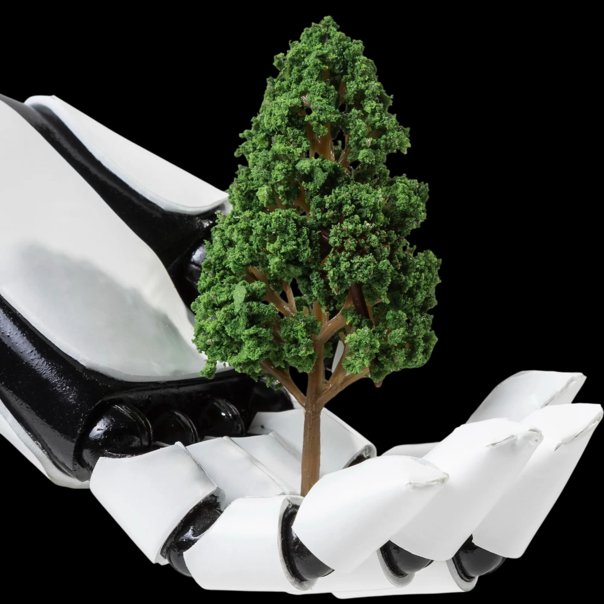 La mano de un robot sosteniendo un arbol