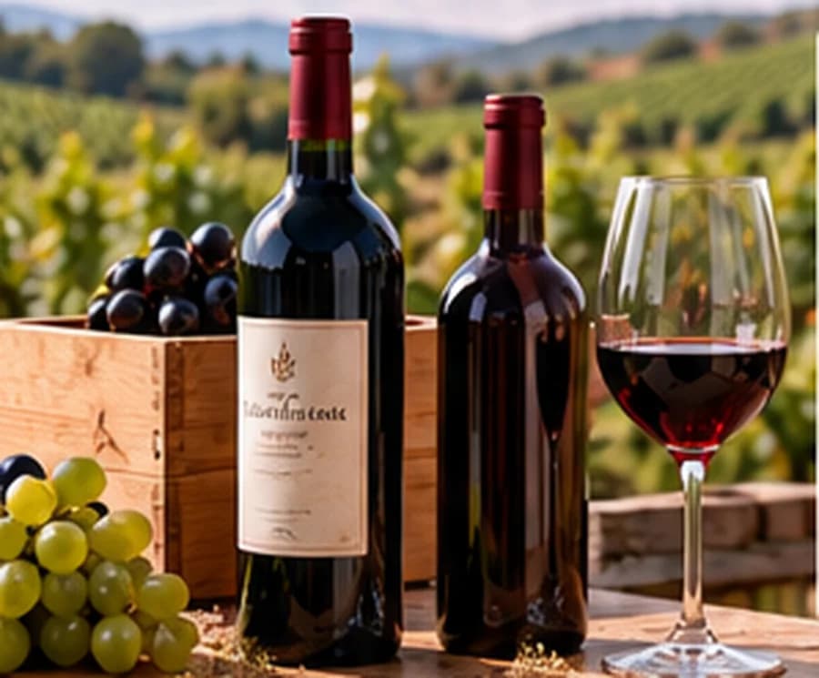 Vinos y uvas frente al viñedo